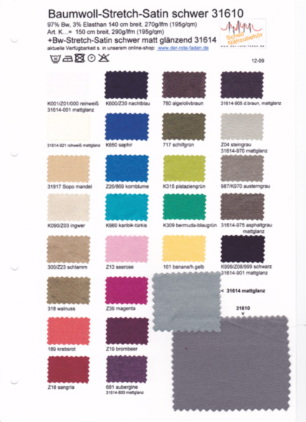 Cotton elastic satin, printed color chart with some original patterns