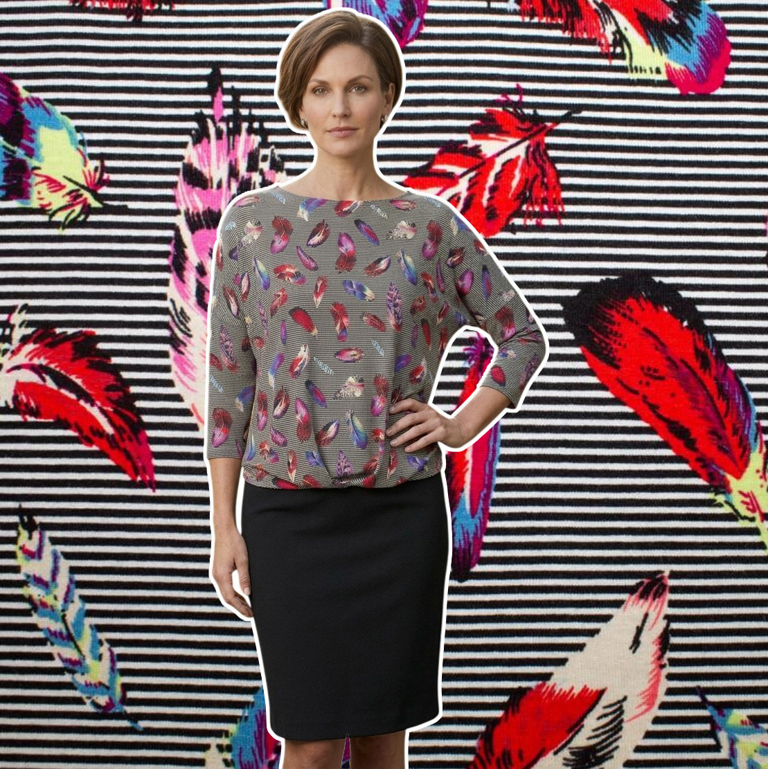 Jersey Viskose Federn rot auf Microstreifen,  92%Vi,8% El ca. 145cm breit, 180 g/m²