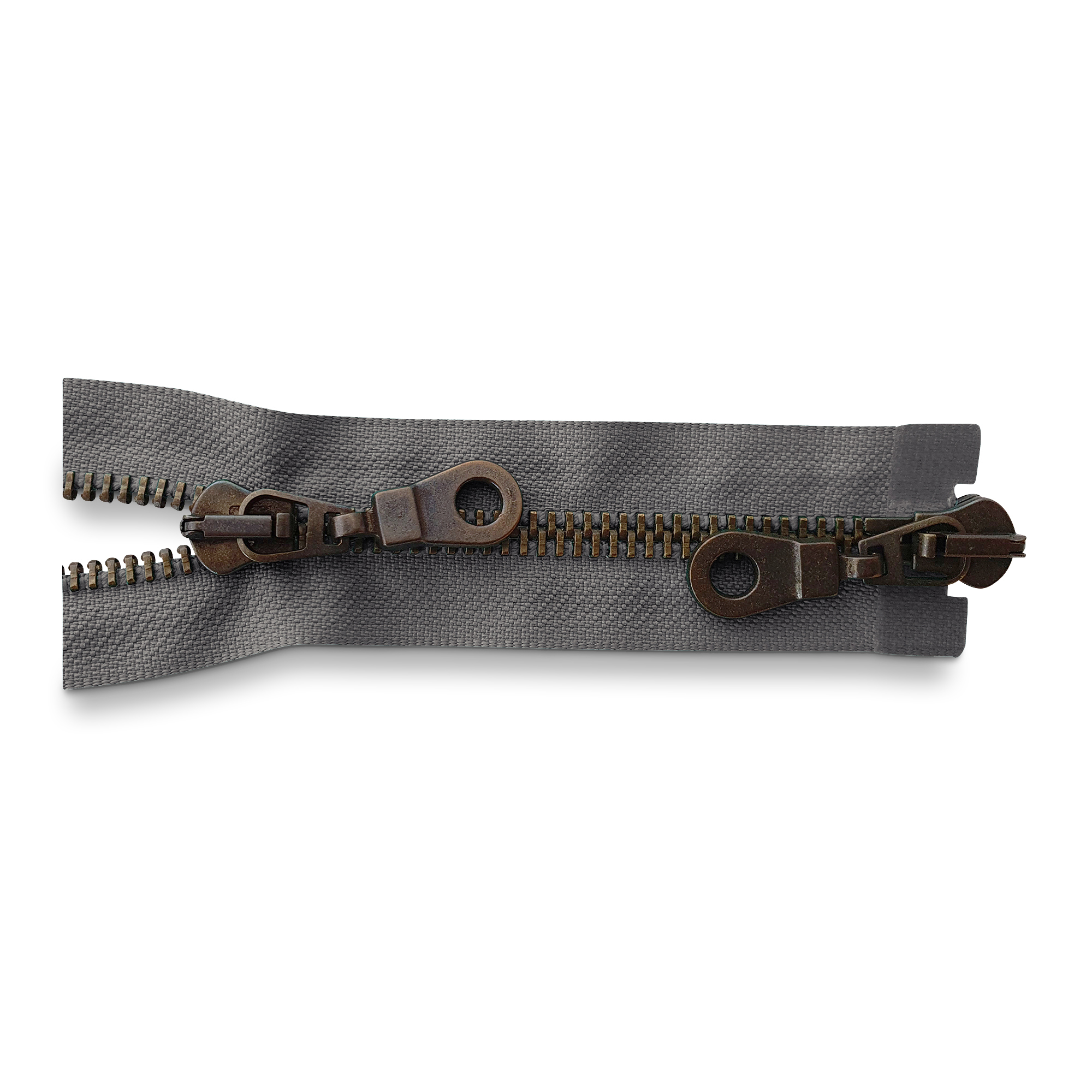 zipper 80cm,divisible, 2way, metal, old brass, wide, dark grey