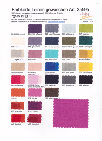 Linnen washed, printed color chart with 1 original sample