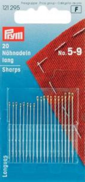 Hand Sewing Needles sharps 5-9 assorted silver col with gold eye, 20 St