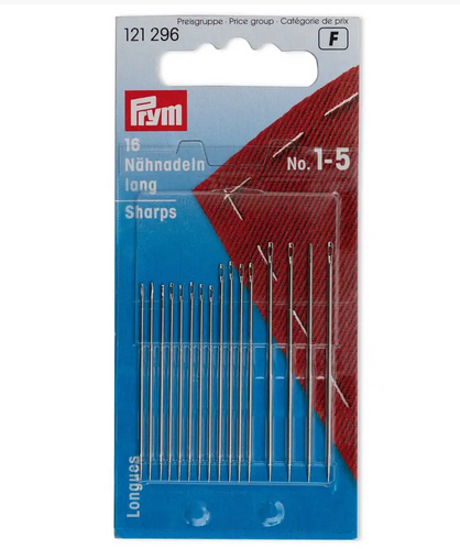 Hand Sewing Needles sharps 1-5 assorted silver col with gold eye, 16 St