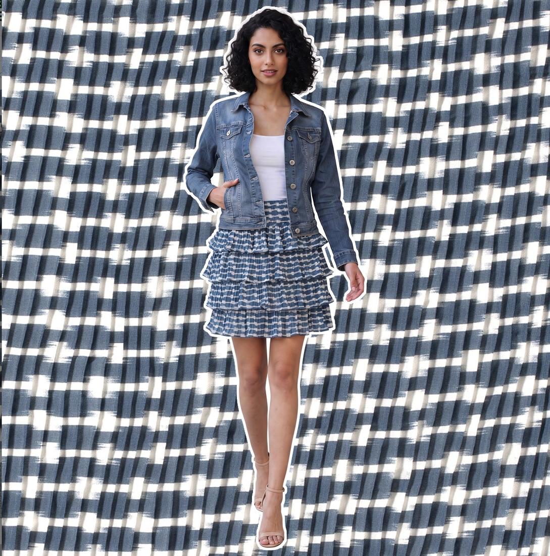 Chiffon plissiert, Stripes, jeansblau, weiß, 100%PES, ca. 145-155cm breit, 80g/m² 