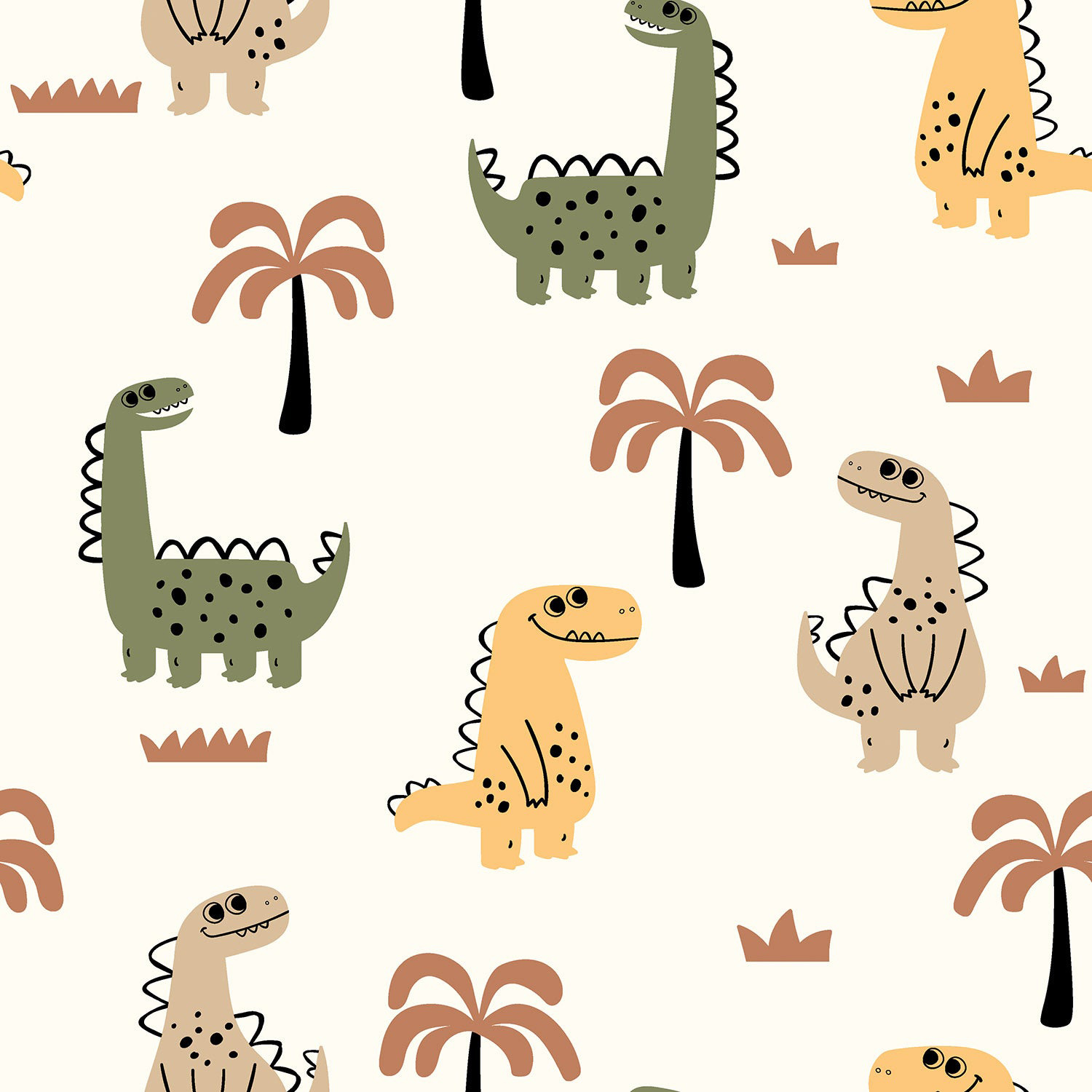 Baumwoll-Jersey, Dinos, weiß/grün/braun, 95%CO,5%EL, ca. 150cm breit, 200g/m², ÖkoTex zertifiziert