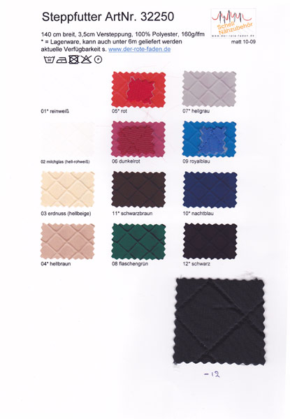 quilted lining, printed color chart with 1 original sample