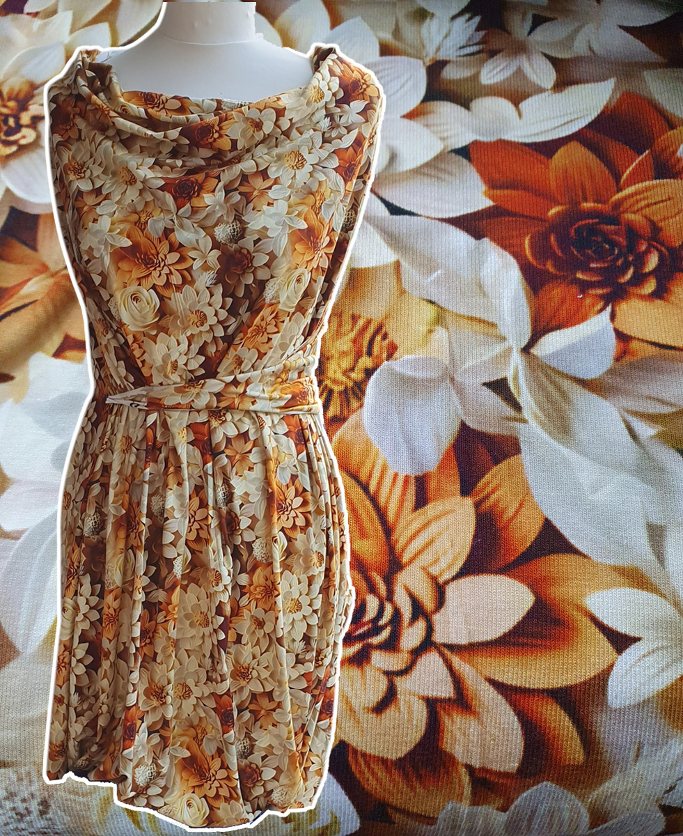 Viskose-Jersey 3D-Blüten, orange-gelb Töne, Vi/El