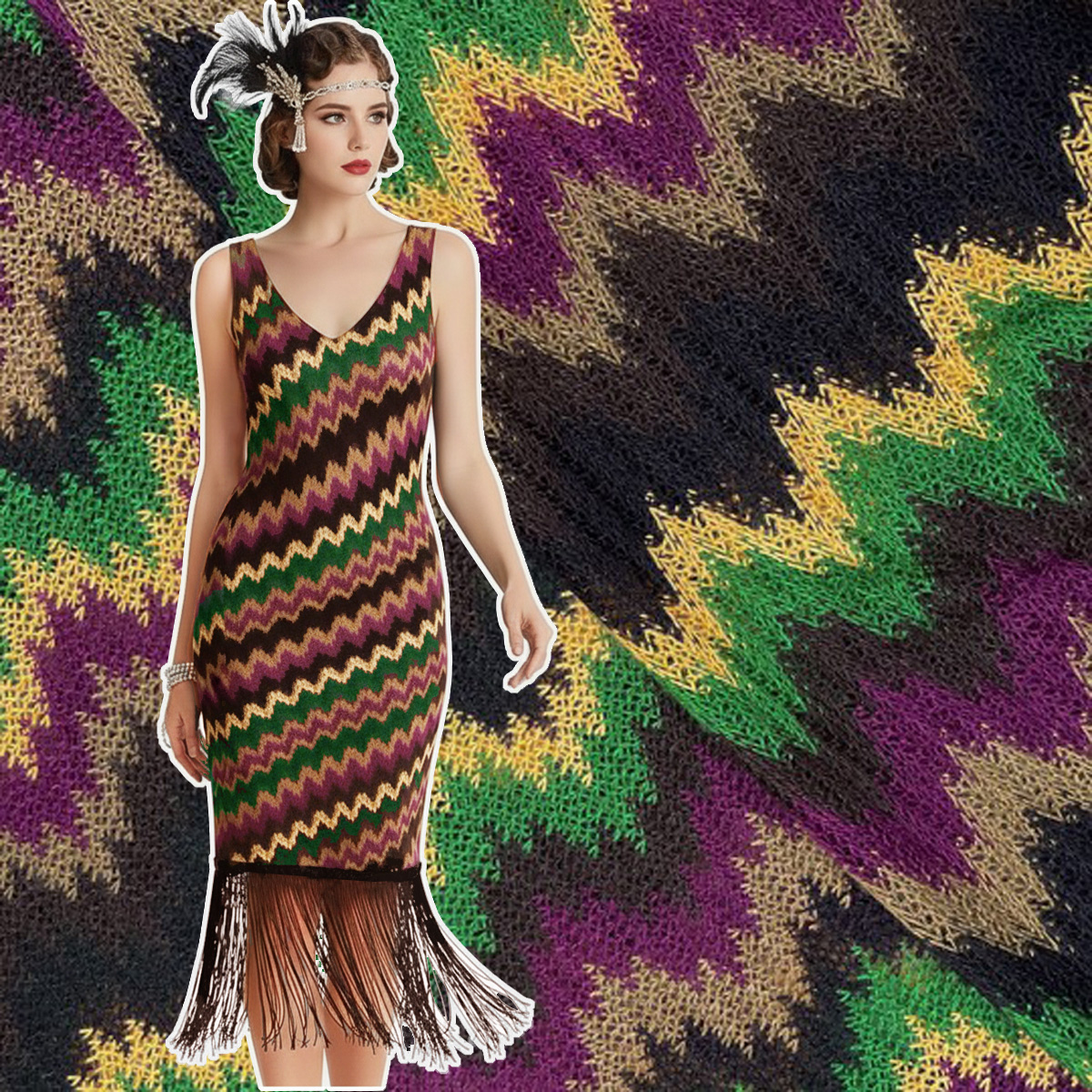 Strickstoff Zackenmuster cyclam/grün/ockerschwarz, 100% Acryl, 140 cm 121g/qm