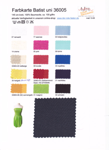 Cotton batiste, printed color chart with 1 original sample