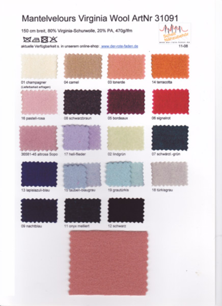 coat fabric, printed color chart with 1 original sample