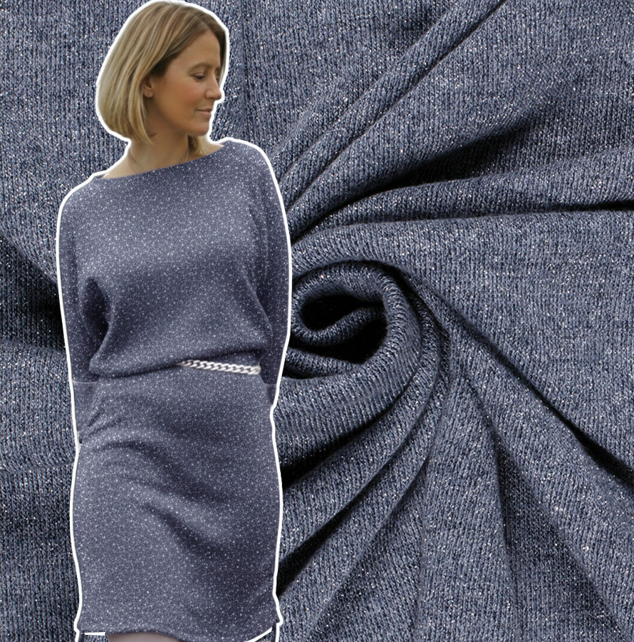 Strickstoff mit Lurex, graublau Vi/PA/LU, 150 cm breit