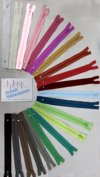 Set Reißverschlüsse feine Spirale 20cm , f. Röcke+Hosen, 50 Farben, 180 Stück, 3-5 St/Farbe, 40% Rabattauf Ladenpreis