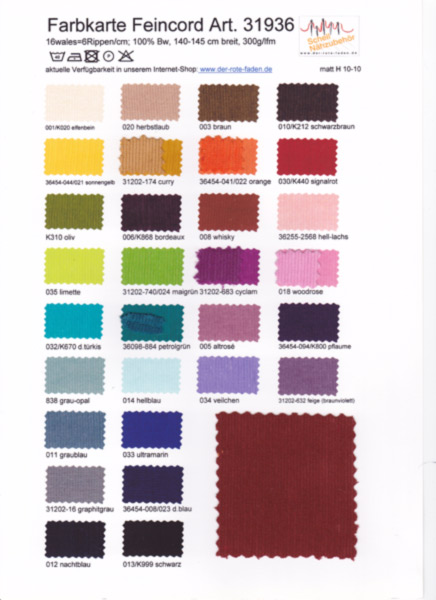 Curderoy fine, printed color chart with some original patterns