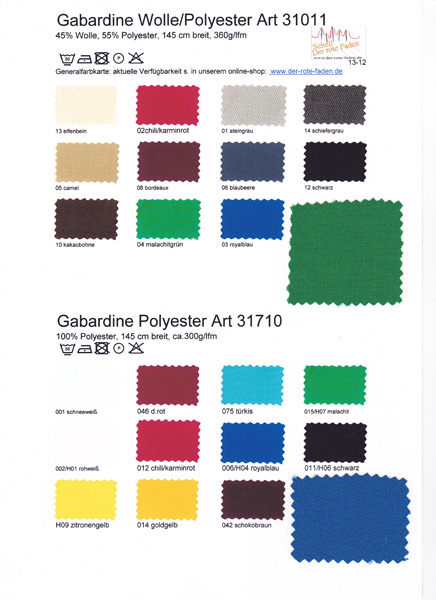 Gabardine PE/Wolle + 100% PES, Farbkarte mit mehreren Originalmustern