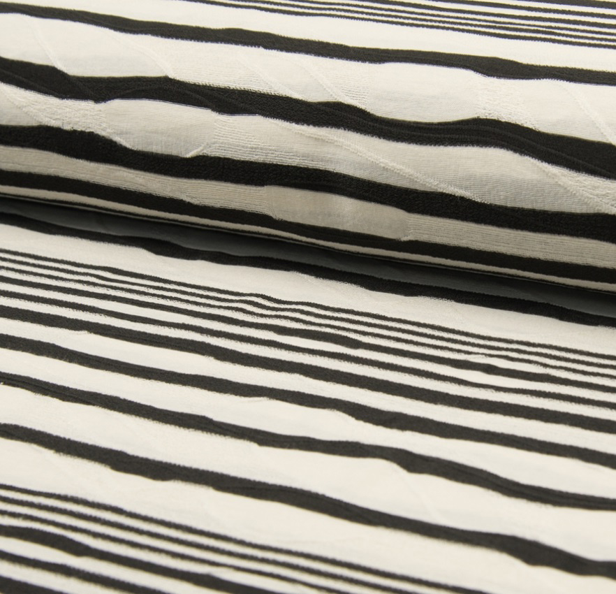 Jersey + Webmuster, Strickoptik, Fancy-Stripes, schwarz/ecru , 73% VI, 22% PES, 5%EL, ca.145-150cm breit, 185g/m²   