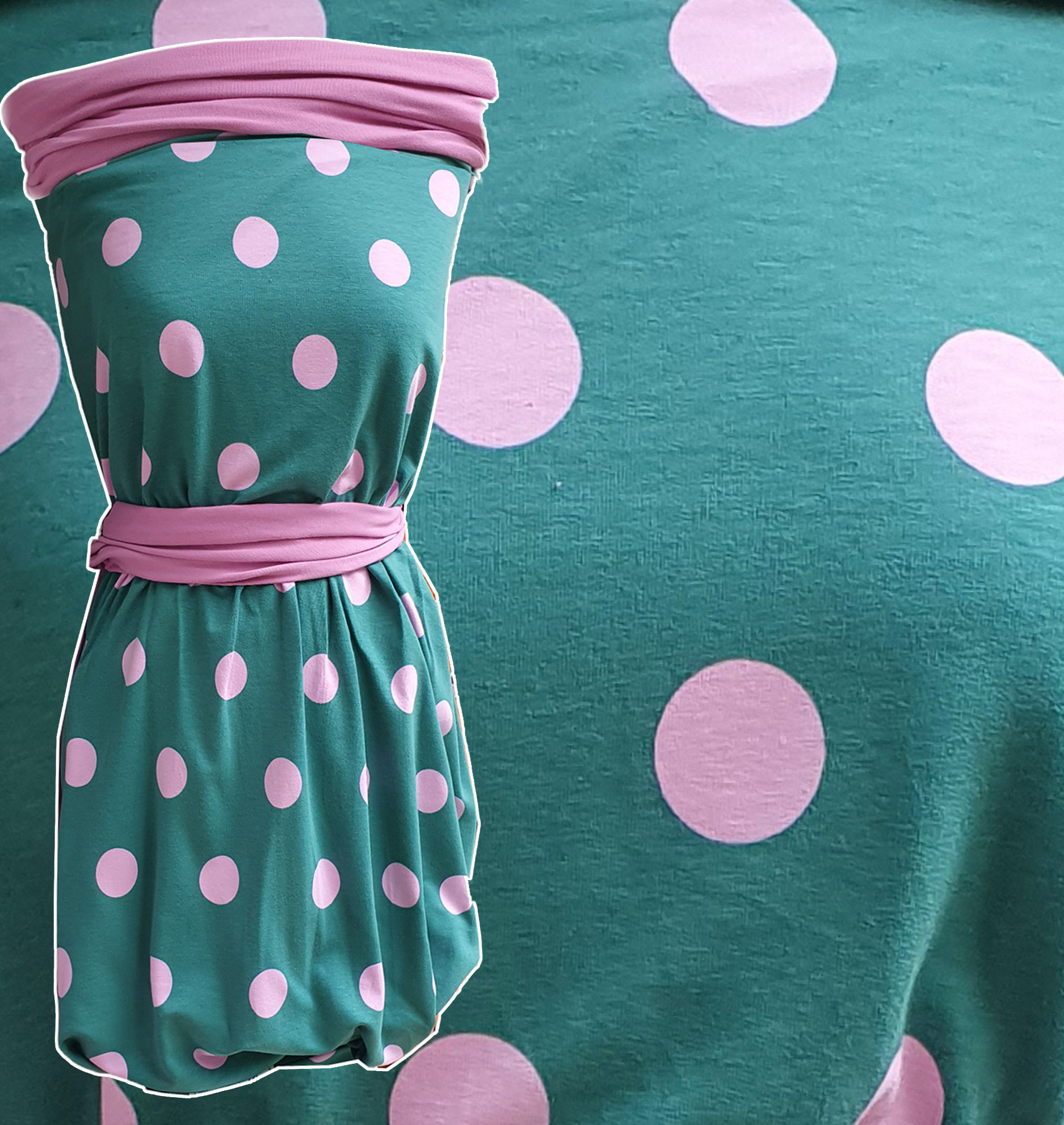 French Terry, petrol, Dots pink, 95%Co, 5% EL, ca. 155cm breit, 225 g/m², Öko-Tex-zertifiziert 