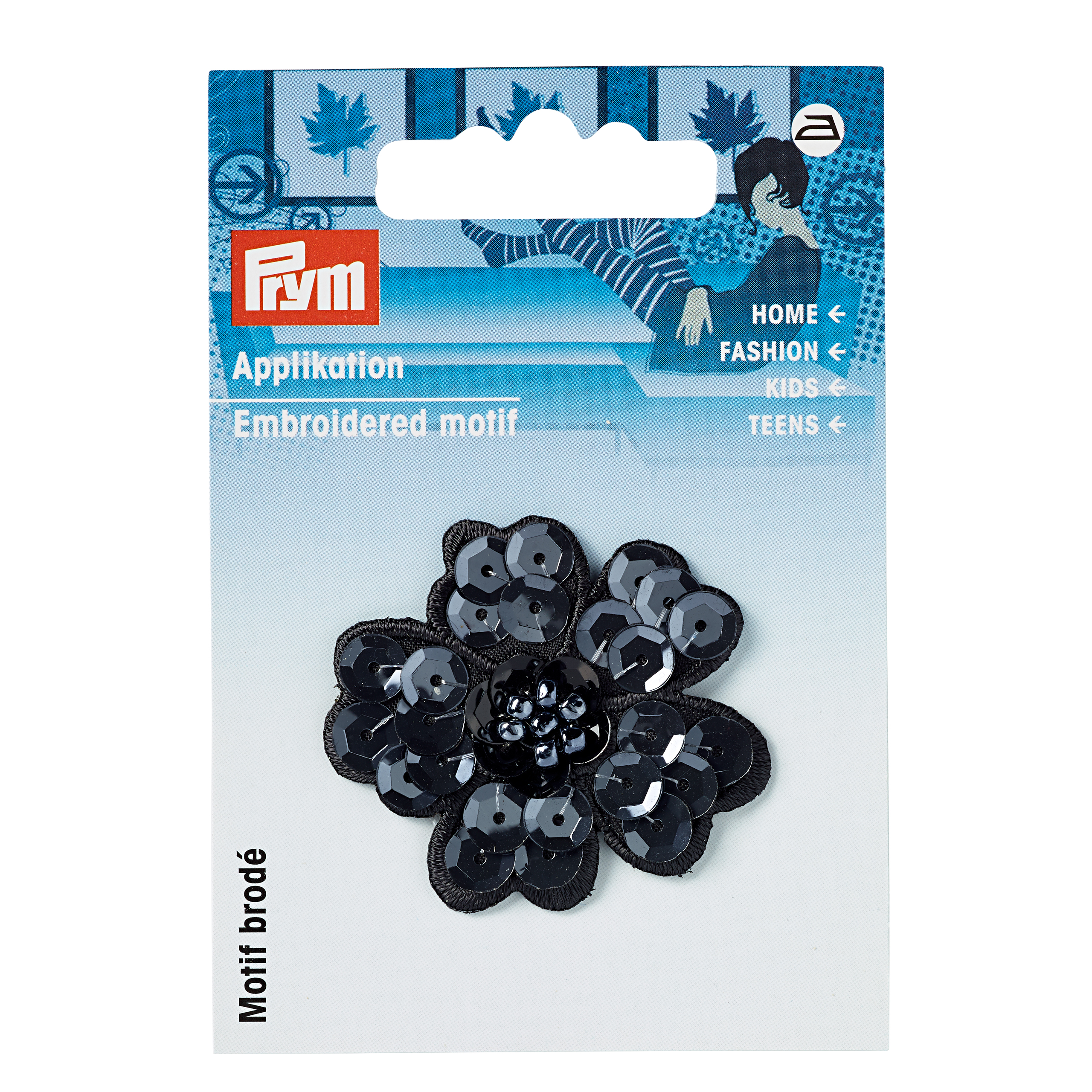 Applikation Paillettenblume schwarz, 38 x 40mm, 1 St