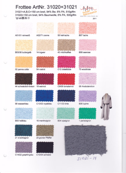Towelling cloth, printed color chart with 1 original sample