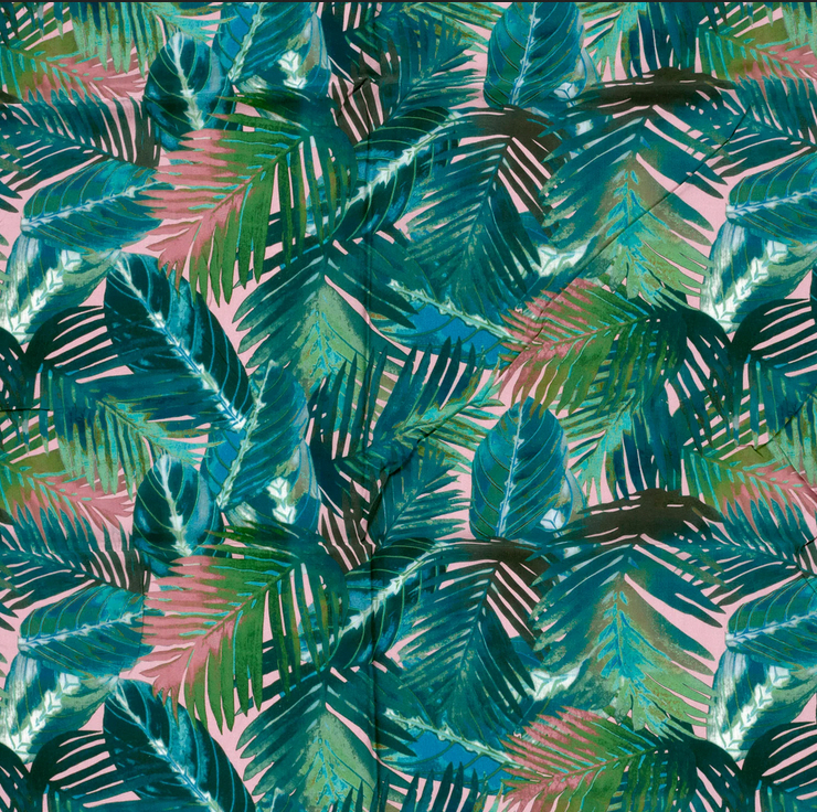 Viskose-Gewebe fließend, grün-rosé Urwaldblätter, 100% Vi, 145cm breit, 110 g/m² ökoTex zertifiziert