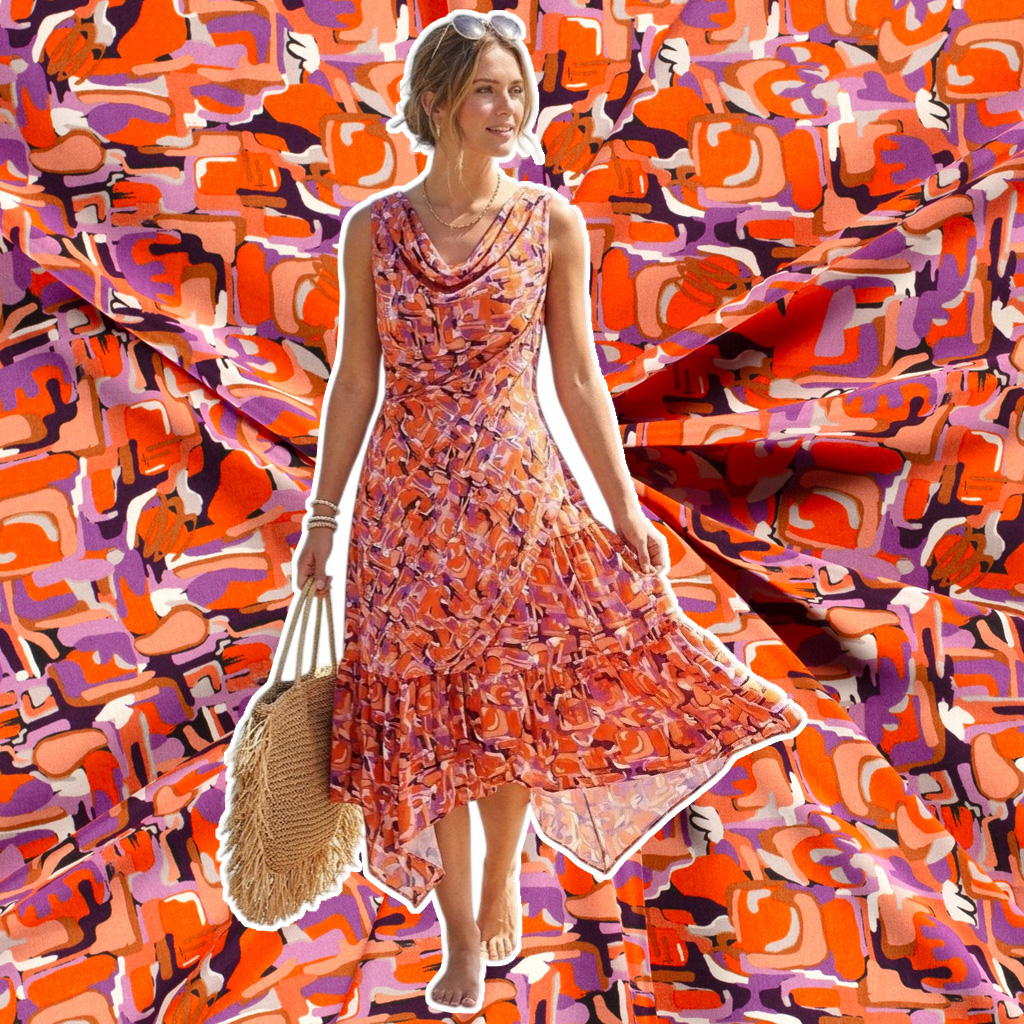 Viskose Gewebe koralle/lila, weich fließend, 100%Vi, ca. 145cm breit, 110 g/m², Öko-Tex-zertifiziert 