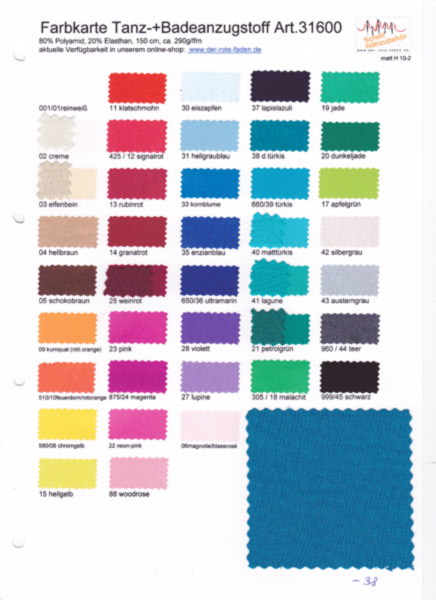 Lycra, printed color chart with 1 original sample