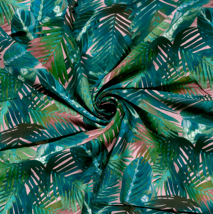 Viskose-Gewebe fließend, grün-rosé Urwaldblätter, 100% Vi, 145cm breit, 110 g/m² ökoTex zertifiziert