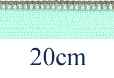 zipper 20cm,not divisible, metal, silver, slim, pale opal green