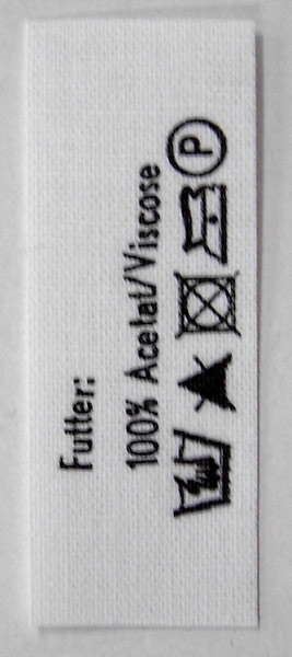 Etiketten zNähen gedruckt: Futter: 100% Acetat/Viscose Pflegeanl. 15x40mm