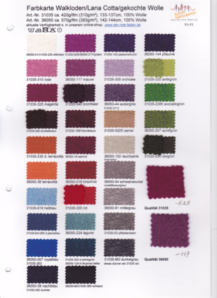 boiled wool printed color chart with 1 original sample