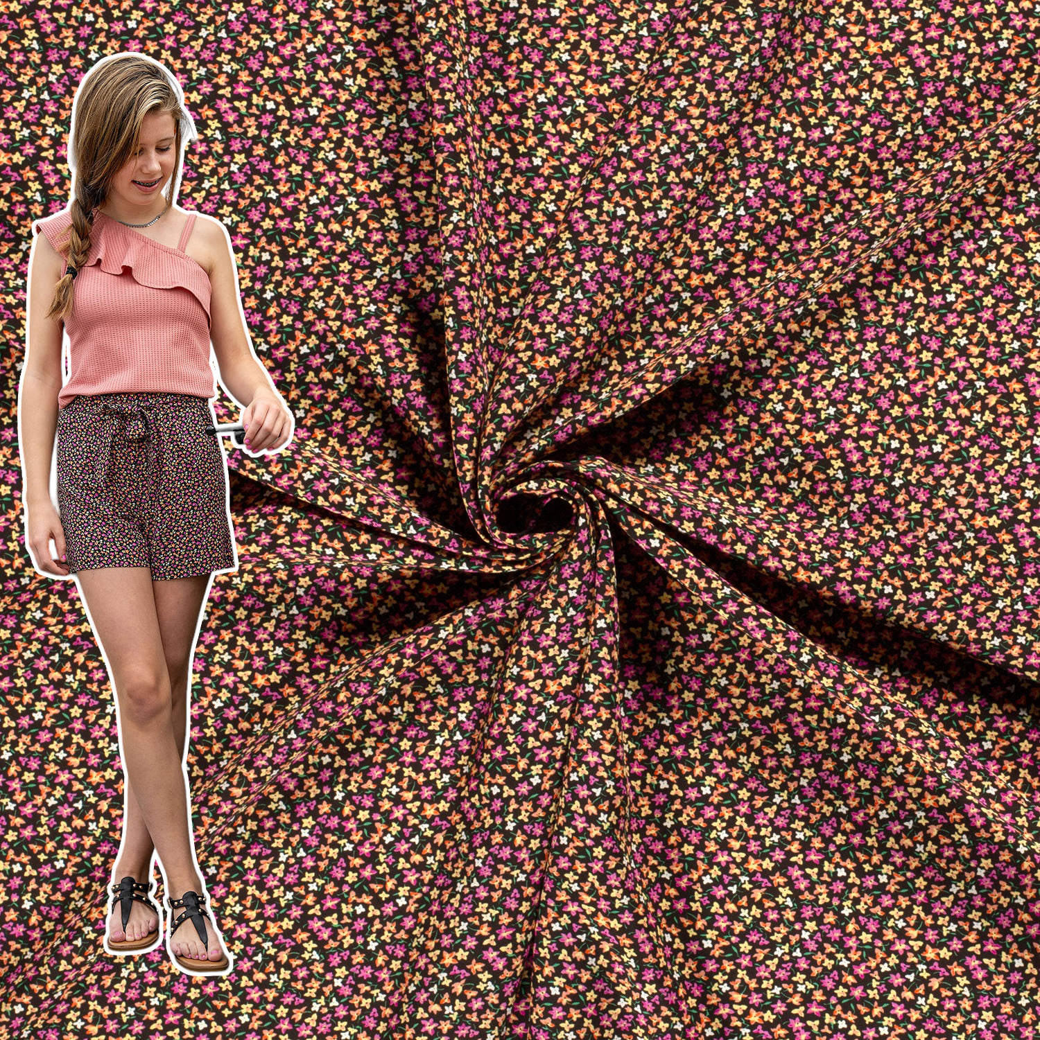 Viskose Gewebe Mille fleurs, bunt, weich fließend, 100%Vi, ca. 145cm breit, 110 g/m², Öko-Tex-zertifiziert 