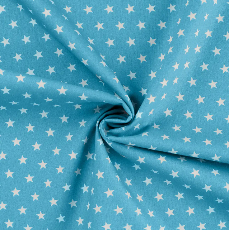 Popeline hellblau, weiße Sternchen, 100%Baumwolle, 110g/qm, 145-150 cm, ÖkoTex zertifiziert  