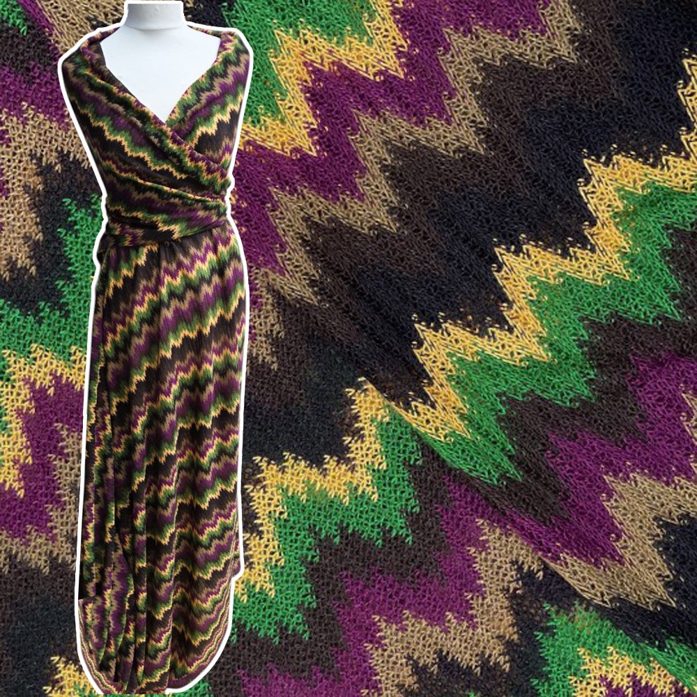 Strickstoff Zackenmuster cyclam/grün/ockerschwarz, 100% Acryl, 140 cm 121g/qm