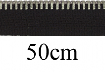 Reißverschluss 50cm, teilbar, Metall silberf.schmal, schwarz, hochwertiger Marken-Reißverschluss von Rubi/Barcelona