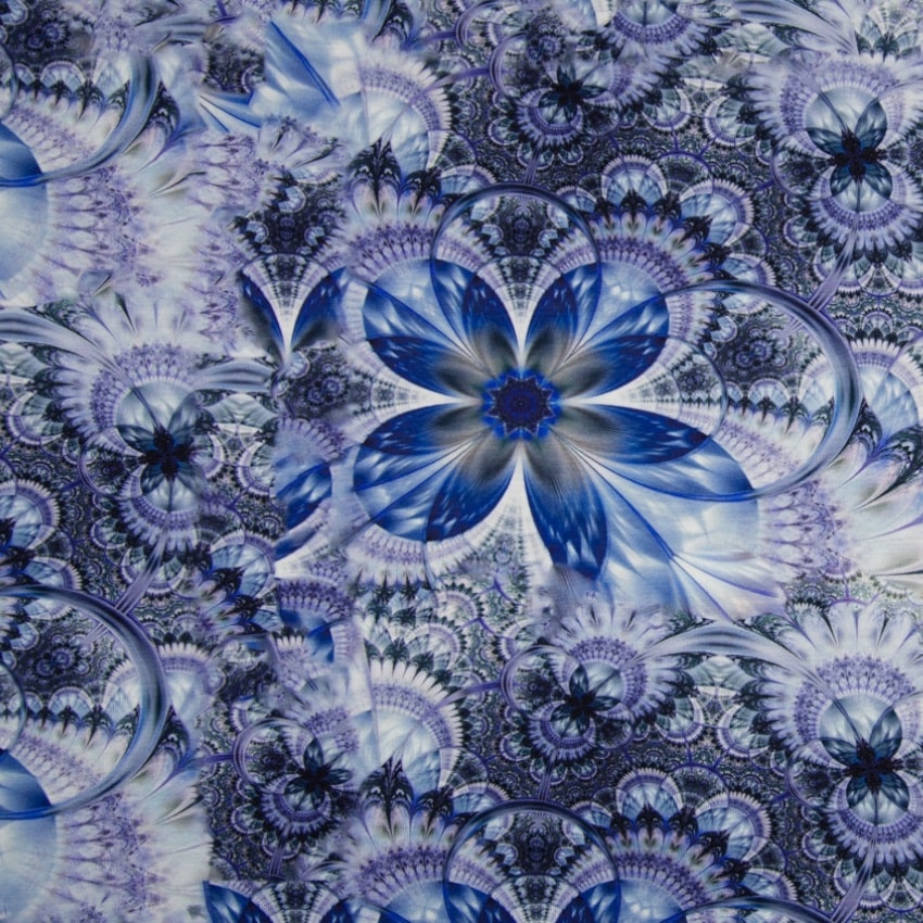 Jersey Digitalprint, Flower Kaleidoscope, blau/grau/flieder, 95%VI, 5% EL ca.140-145cm breit, 200 g/m², Öko-Tex-zertifiziert 