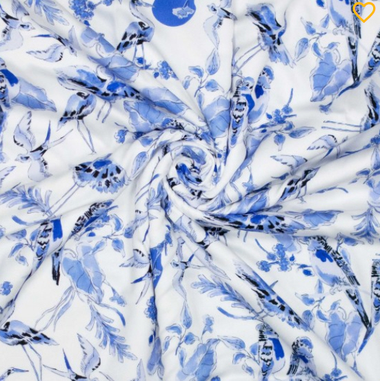 Viskose-Gewebe fließend, kornblumenblau-weiß Vögel 100% Vi, 145cm breit, 106 g/m² ökoTex zertifiziert