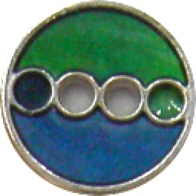Knopf 15mm Acryl Metall silberfb. 2 Loch  gelbl.grün 