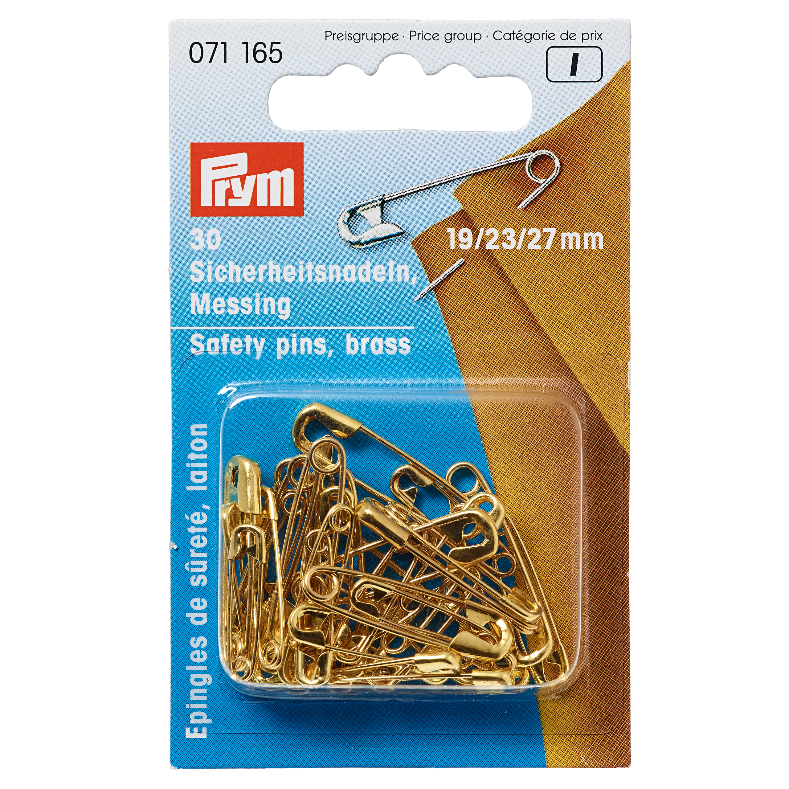 Safety Pins with coil brass 105d 3/0-1 gold col 19/23/27 mm, 30 St