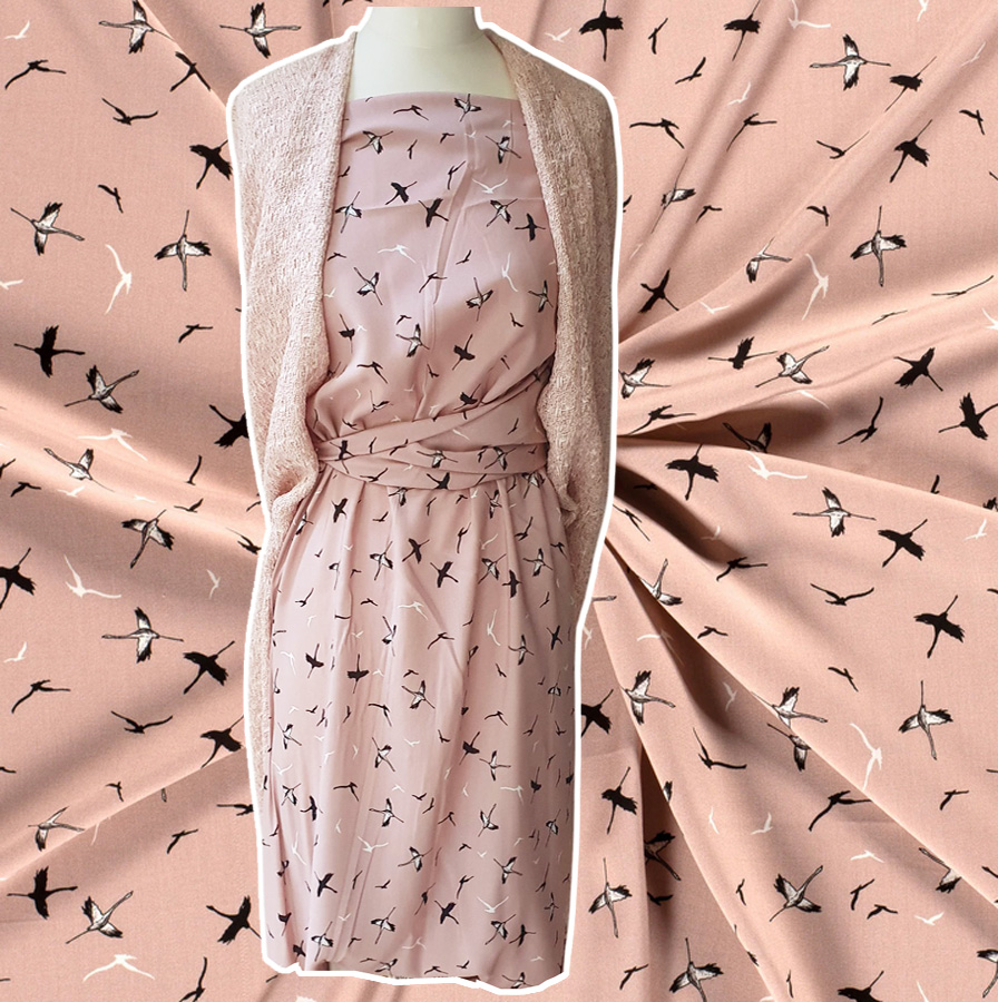 Viskose-Bambus-Gewebe fließend,pastell-rosa, Kraniche, 100% Bambus-Vi, 145cm breit, 130 g/m² ökoTex zertifiziert