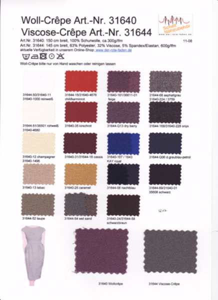 Crepe printed color chart with 1 original sample