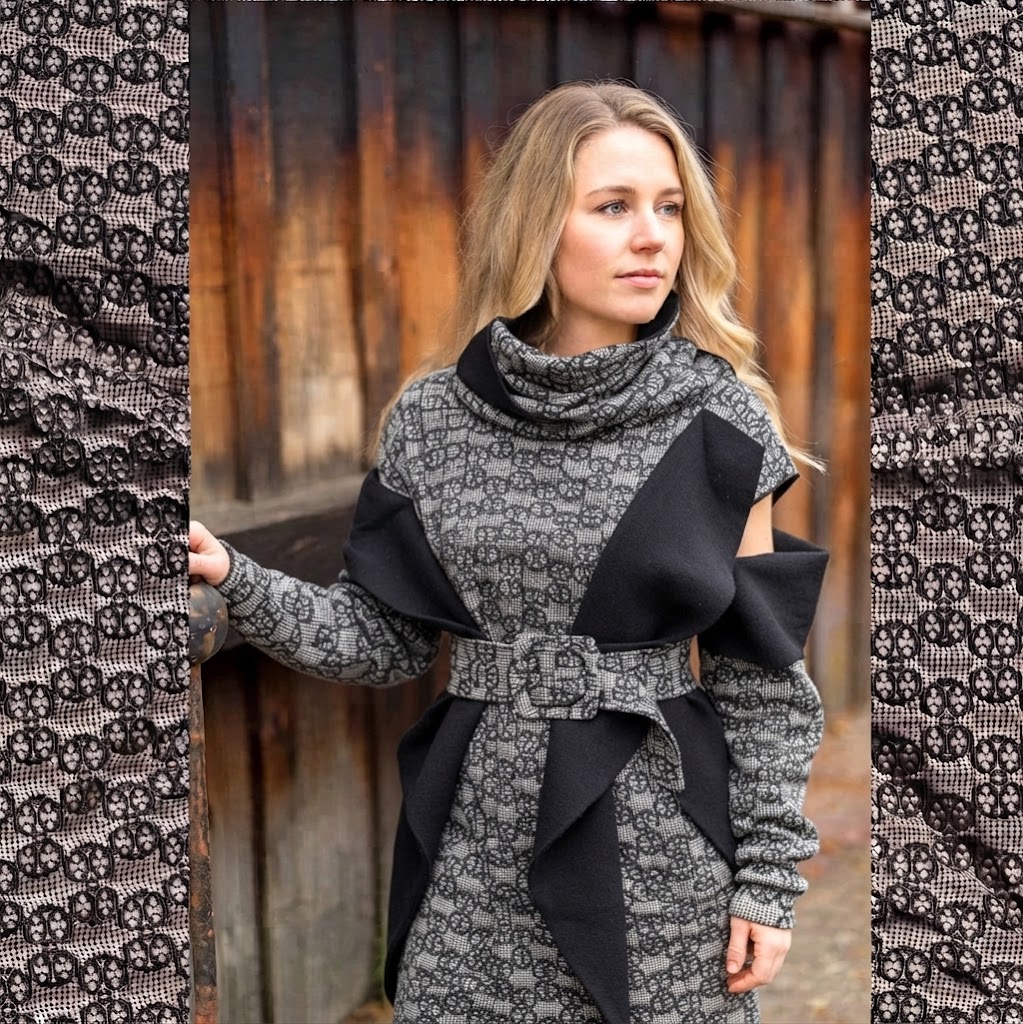 Cloqué, schwarz/dunkel-beige, Abseite schwarz, 55%VI, 40% PES,5% EL, ca. 150m breit, 375 g/m²  