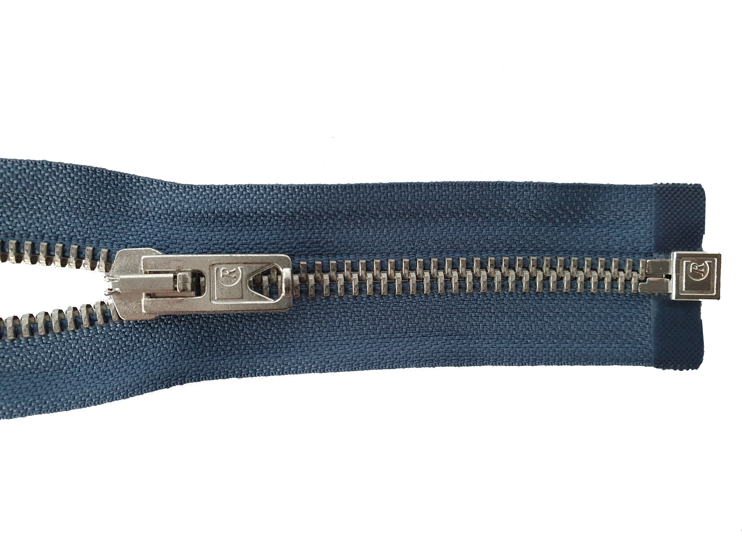 Reißverschluss 80cm, teilbar, Metall silberf. breit, jeansgraublau, hochwertiger Marken-Reißverschluss von Rubi/Barcelona