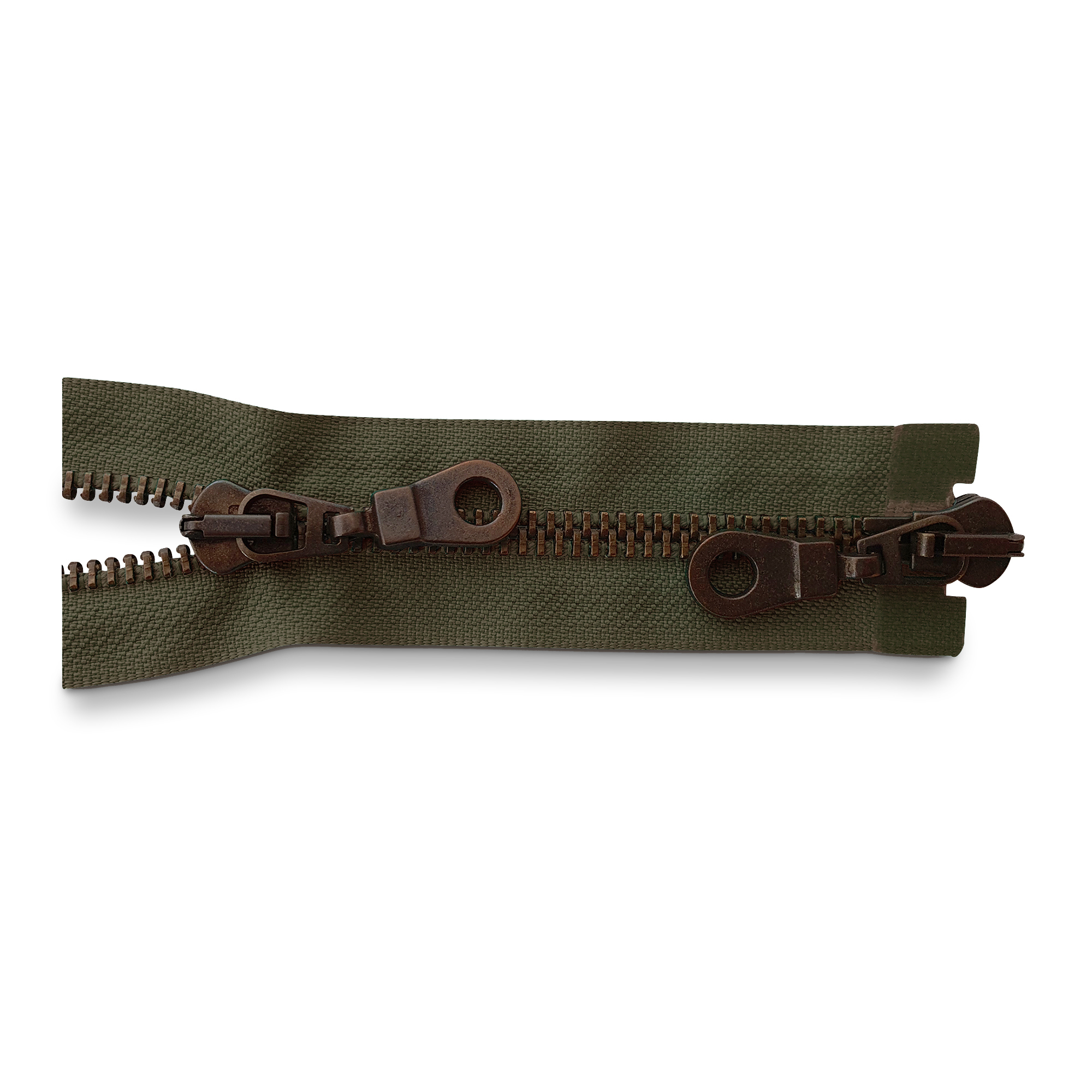 Reißverschluss 80cm, 2-Wege, Metall breit, brüniert army-oliv, hochwertiger Marken-Reißverschluss von Rubi/Barcelona