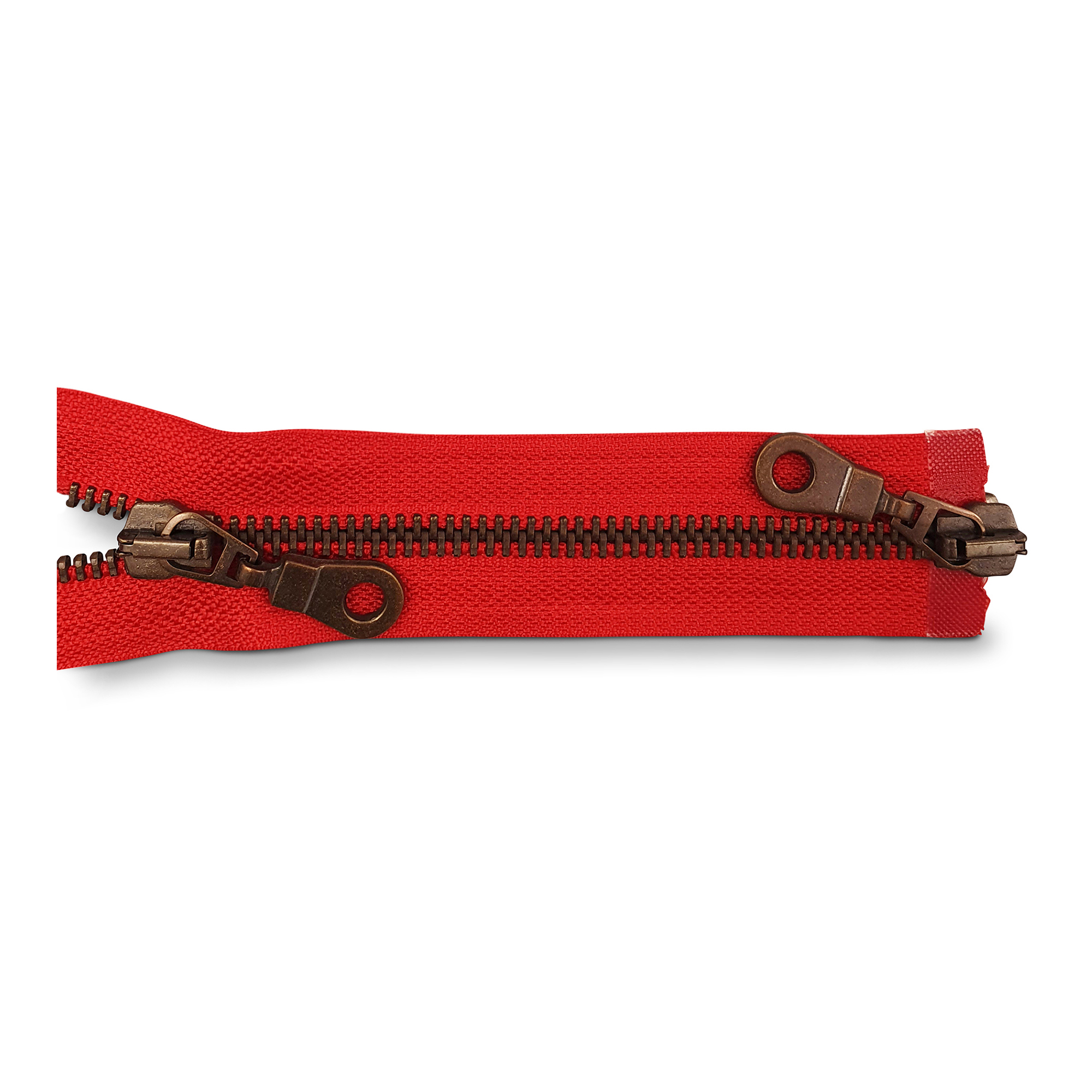 zipper 100cm,  divisible, 2way, metal, old brass, wide, signal red