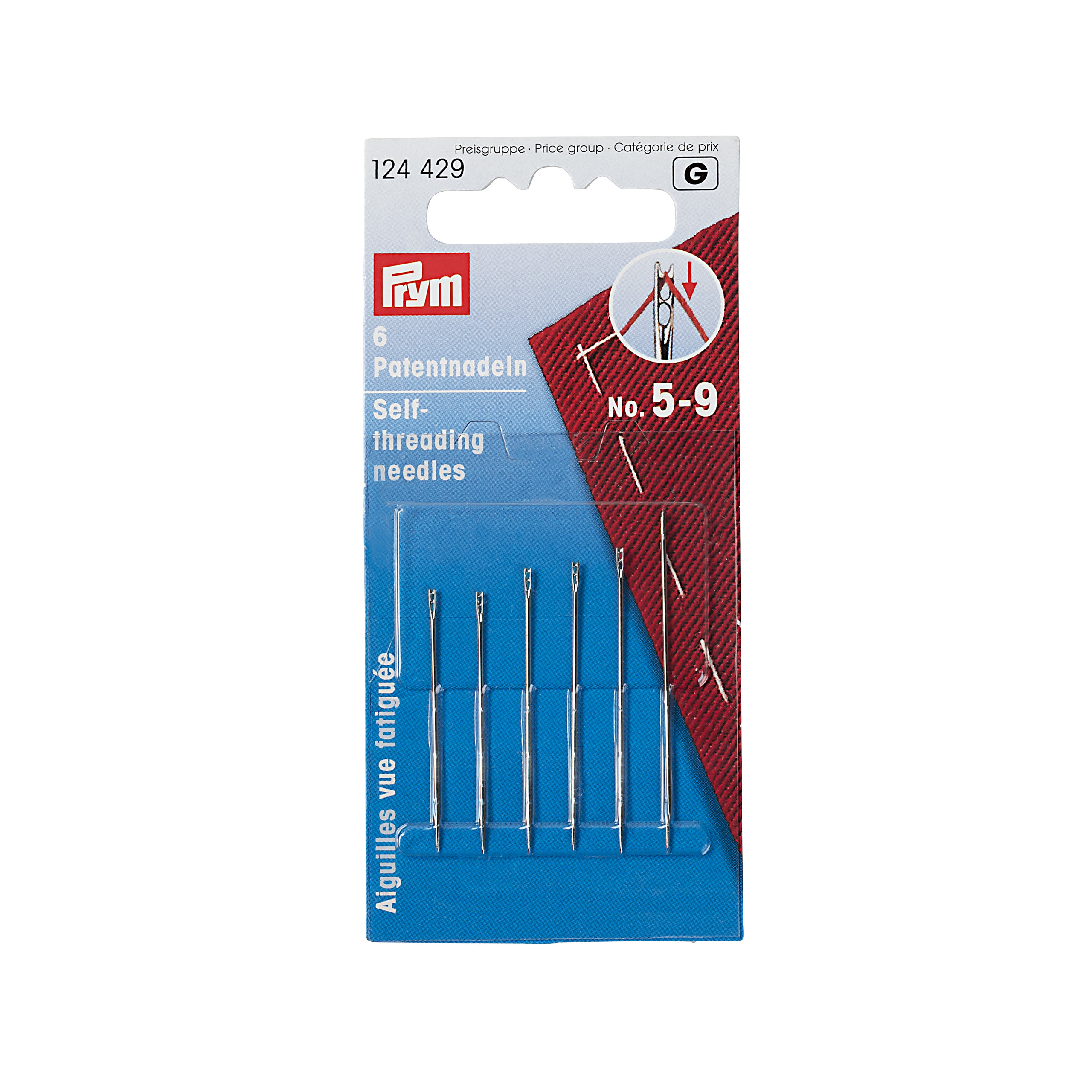 Self-threading Needles No. 5-9 assorted with split eye and gold eye, 6 St