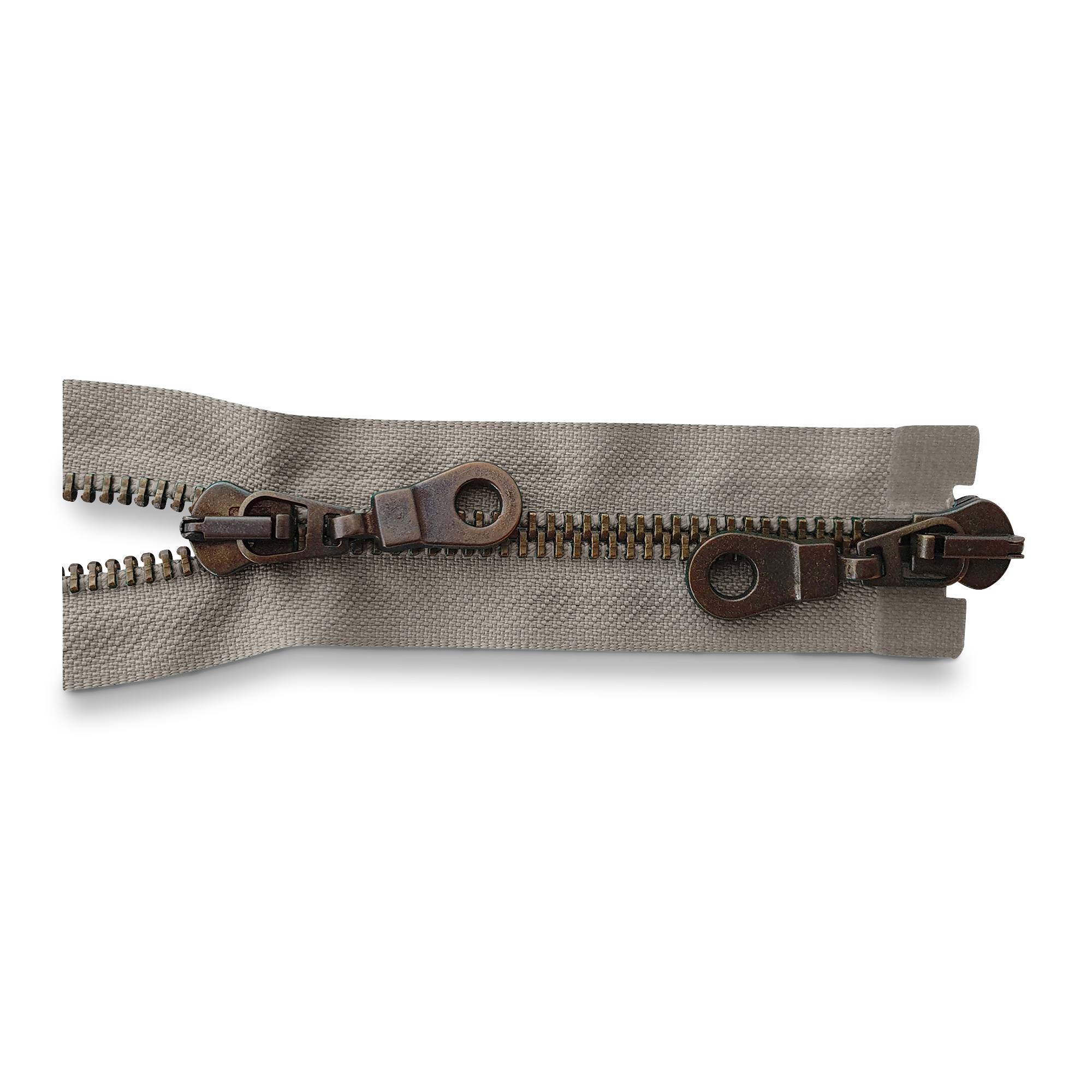 zipper 100cm,  divisible, 2way, metal, old brass, wide, colonial (grey beige)