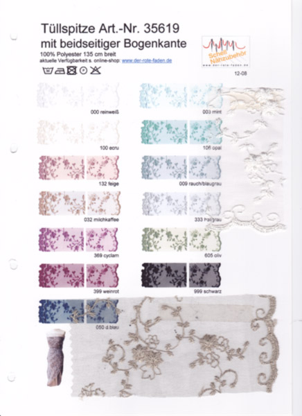 Lace, printed color chart with 1 original sample