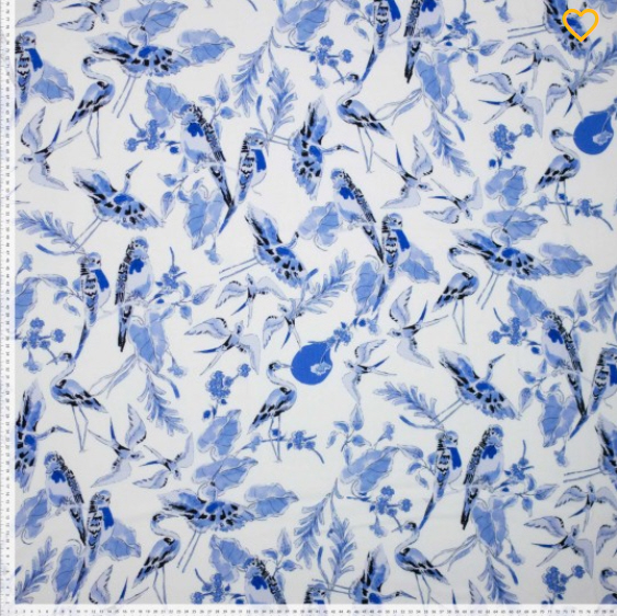 Viskose-Gewebe fließend, kornblumenblau-weiß Vögel 100% Vi, 145cm breit, 106 g/m² ökoTex zertifiziert