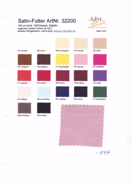 Satin lining, printed color chart with 1 original sample