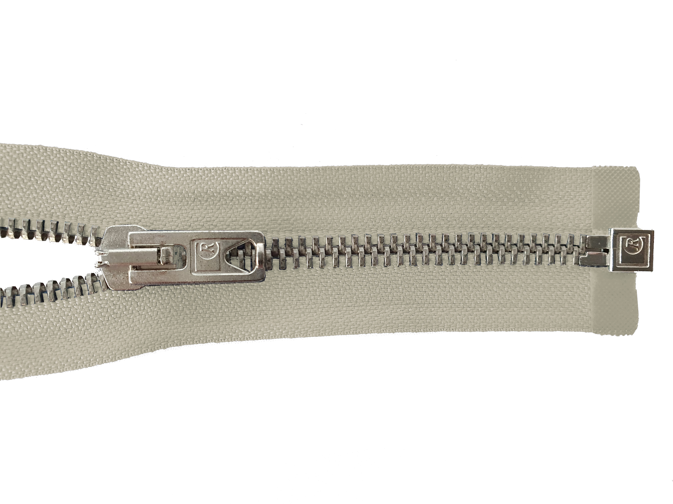 Reißverschluss 80cm, teilbar, Metall silberf. breit, beige-grau, hochwertiger Marken-Reißverschluss von Rubi/Barcelona