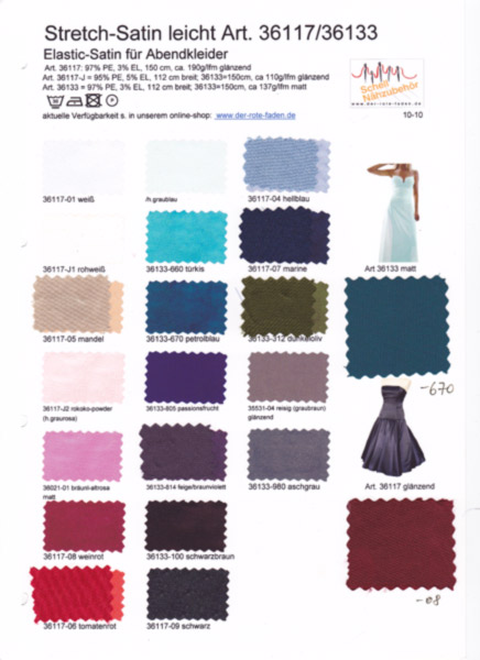elastic Satin, printed color chart with 1 original sample