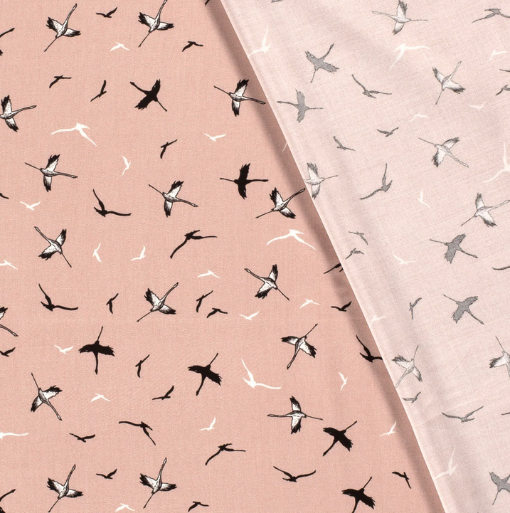 Viskose-Bambus-Gewebe fließend,pastell-rosa, Kraniche, 100% Bambus-Vi, 145cm breit, 130 g/m² ökoTex zertifiziert